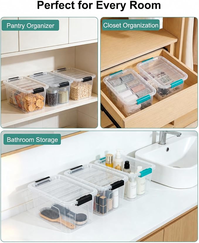 EOENVIVS Plastic Storage Bins with Lids 6 Pack, 7 Quart Storage Containers With Black Buckle Latch, Stackable Storage Organizers for Home Pantry Office Classroom Organization, Clear - Image 6