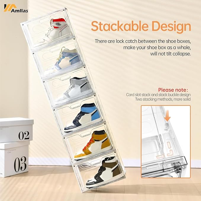 Amllas 8 Pack Shoe Boxes Clear Plastic Stackable, Large Shoe Storage Organizer with Lids,Drop Side Shoe Containers for Entryway,Sneaker Storage Fit up to US Size 13 (13’’x 10.6”x 8.3”) - Image 4