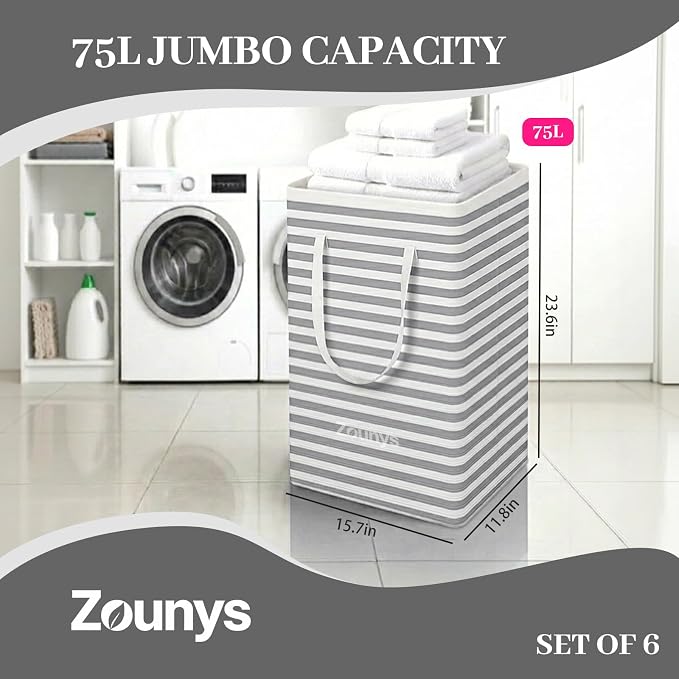 6Pack Waterproof Large Laundry Hamper Collapsible Laundry Baskets, Freestanding Laundry Hampers Dirty Clothes Hamper with Reinforced Handles in Laundry Room, Bathroom, Bedroom (75Lx6, White) - Image 2