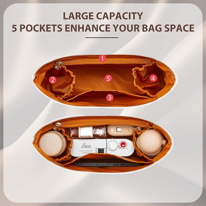 Brooklyn 28 Bag Insert, Purse Organizer Insert for Coach, White Honey | Waterproof Dupontpaper For Coach Brooklyn Shoulder Bag 28, Lightweight, 5 Compartments Zipper Pocket, Elastic Holders - Image 3