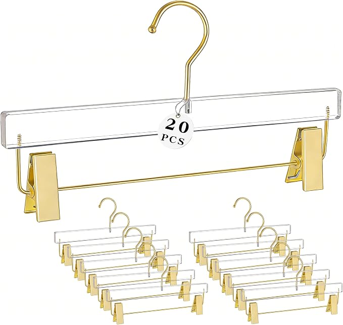 Acrylic Hangers,Clear Hangers with Gold Hooks,Luxurious Skirt Pants Hangers Gold Clips for Clothing Closet Storage 20 pcs by BESSER+HAUS