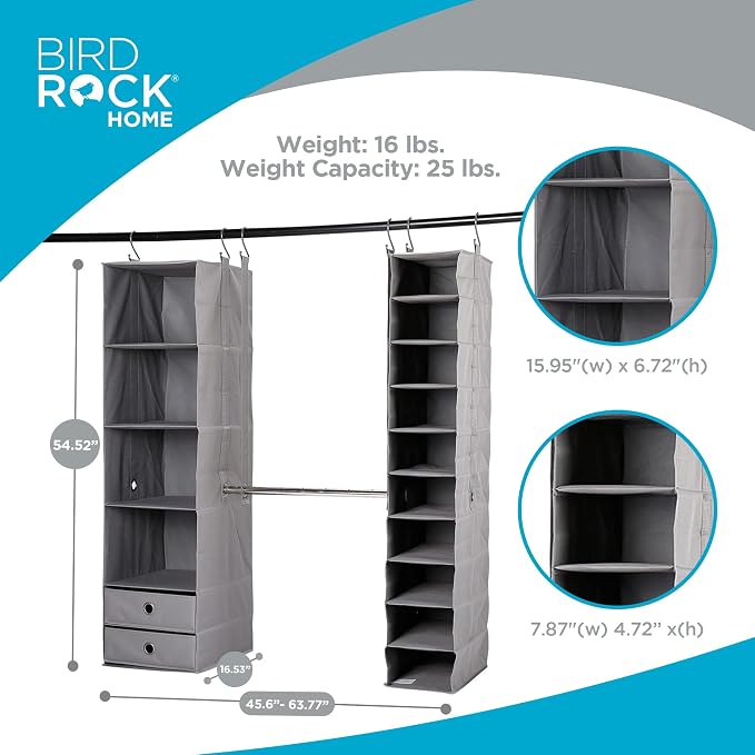 BIRDROCK HOME 5pc Hanging Closet Organizer System with Storage Shelves - Grey - Shoe Clothing Organization - Great for College Dorms or Kid Bedrooms Nursery - Image 3