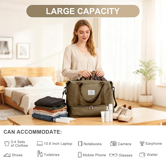 Travel Duffel Weekender Bag Women Tote Carry On Bags With Shoe Compartment | 18x14x8 inches Travel Overnight Bags with Trolley Sleeve for Airplanes Sport Tote Gym for Men Lightweight Daypack Khkai - Image 5
