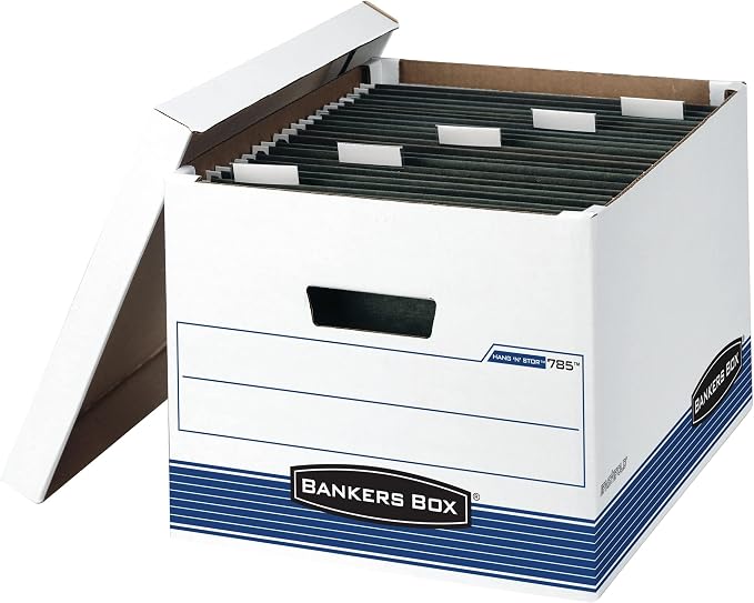 Bankers Box 4-Pack HANG'N'STOR Medium-Duty File Box, Letter/Legal, FastFold | Move hanging folders straight into storage - no unpacking needed - with plastic channels, FastFold setup, and secure lids. by BankersBox