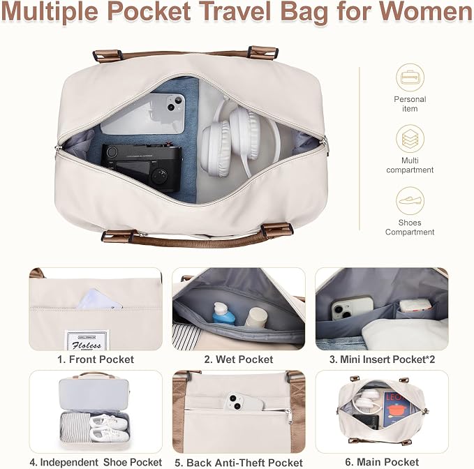 Large Weekender Bags for Women, Travel Duffel Bag with Shoe Compartment,Personal Item Travel Carry on Overnight Bag for Women Travel Set,Beige & Brown - Image 4