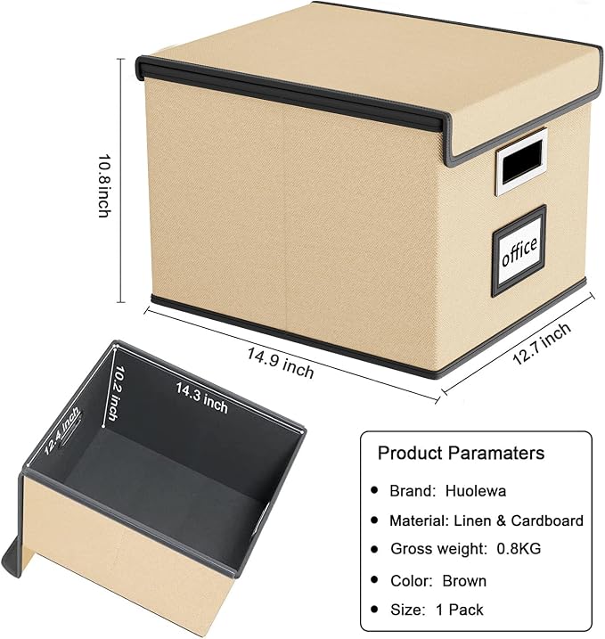 File Organizer Box with Lids, Collapsible File Folder Organizer | File Box with Plastic Slides for Office Document Storage, Filing Bin for Letter Size Hanging File Folders (1 Pack, Brown) - Image 6