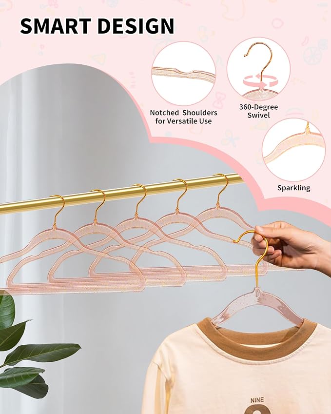50pcs Slim Clear Toddler Hangers with 10 Connector Hooks for Kid's Closet | Swivel Golden Sparkling Baby Clothes Hangers with Gold Glitter for Infant Coat Outfit, Pink Perchas for Children Gril Nursery - Image 5