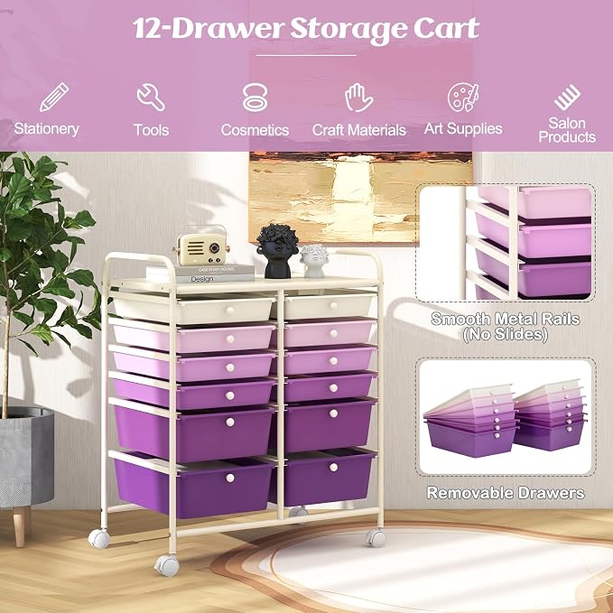 12 Drawer Rolling Storage Cart, Craft Cart Organizer on Wheels with Metal Frame, Large Capacity & Smooth Drawers for Living Room, Classroom, Office (Gradient Purple) - Image 5