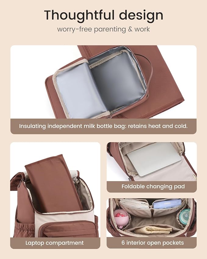 LOVEVOOK Diaper Bag Backpack With Pocket For Large Capacity Cup,Multi-Function Baby Travel Bag For Mom Dad,Waterproof Baby Bag for Boys Girls with Changing Pad,Insulated Bag,Stroller Straps,Brown - Image 5