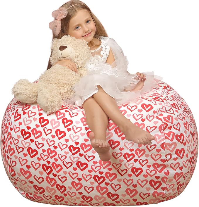 WEKAPO Stuffed Animal Storage Bean Bag Chair Cover for Kids | Stuffable Zipper Beanbag for Organizing Children Plush Toys Large Premium Cotton Canvas (Heart, XX-Large) by Wekapo