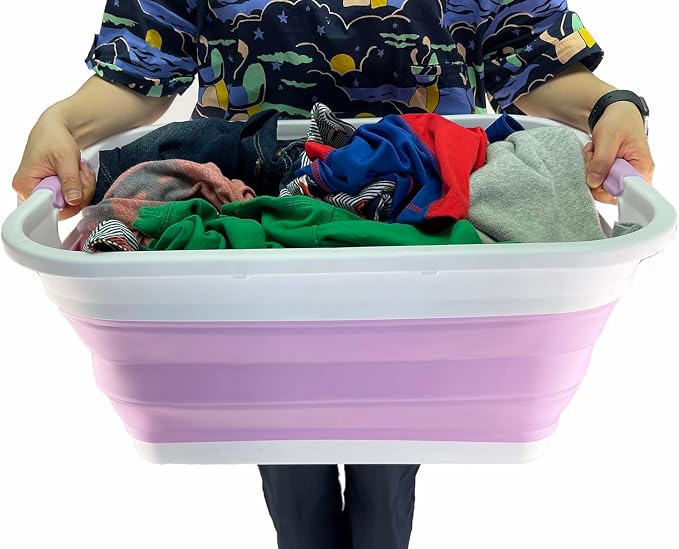 SAMMART 41L (10.8 gallon) Collapsible Plastic Laundry Basket - Foldable Pop Up Storage Container/Organizer - Portable Washing Tub - Space Saving Hamper/Basket (Rectangular, White/Pale Purple) - Image 7