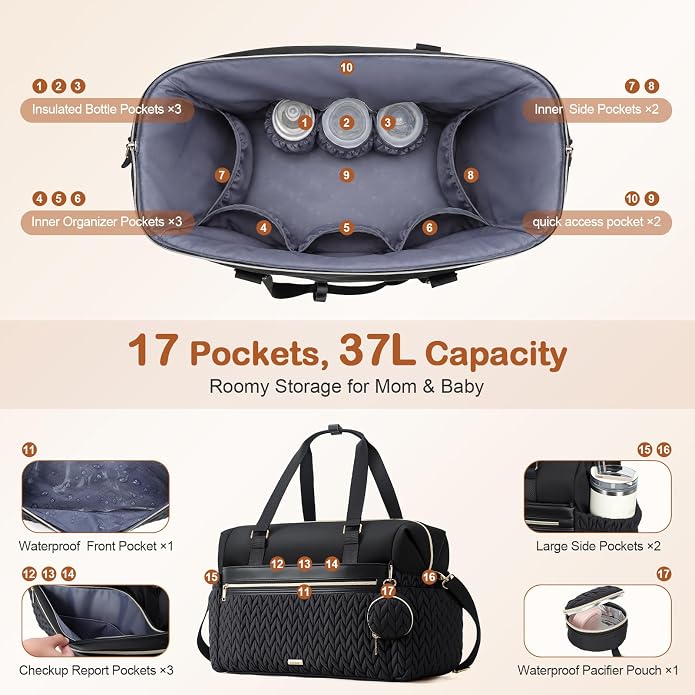 Lekesky Diaper Bag Tote, Large Diaper Bags Waterproof | Hospital Bag for Labor Delivery, Baby Bag with Pacifier Case, Travel Diaper Tote with Changing Pad, Black - Image 4
