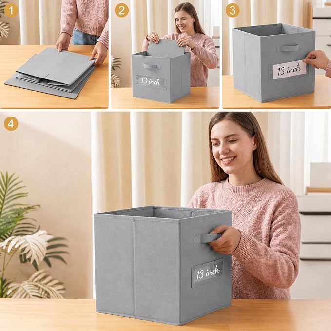 Storage Bins,13" Cube Storage Bin with Labels,10pcs,Light Grey | Fabric Storage Cubes for Shelves,13 Inch storage cube bins with 10 Labels Window Cards & a Pen. - Image 5