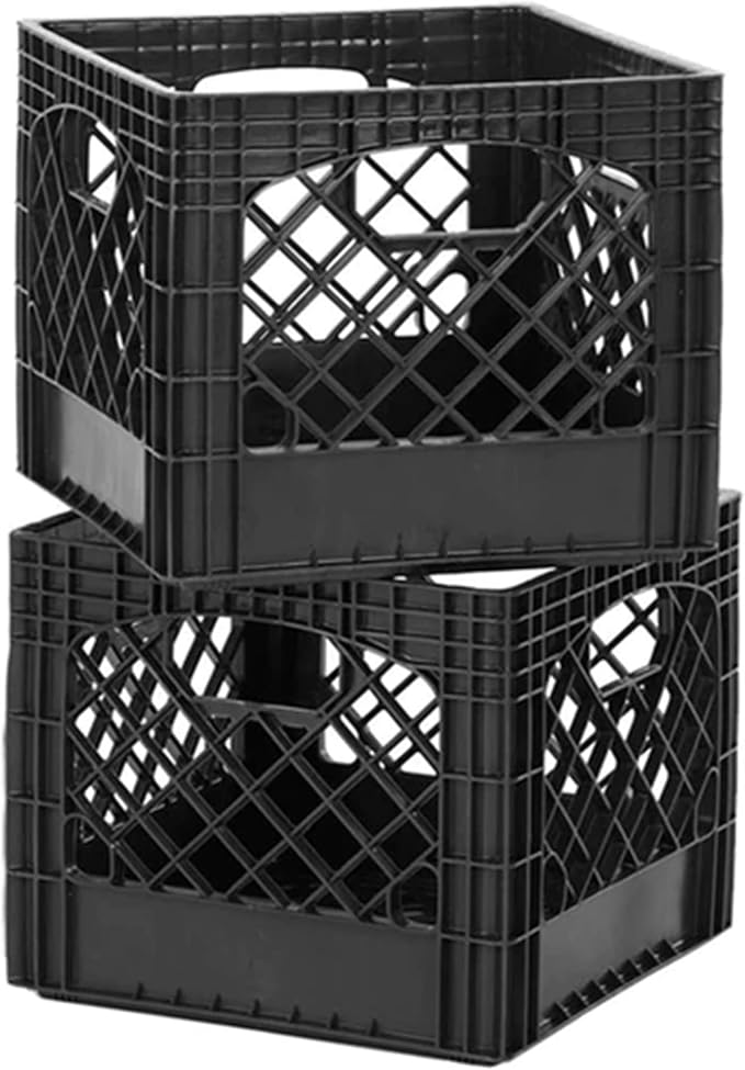 Juggernaut Storage Heavy Duty Milk Crates, 4 Handles, 16 Qt, Black, 4-Pack | Stackable HDPE Construction, Holds Up to 50 lbs, Vented Cross-Hatch Design, 13 x 13 x 11 In, for Office, Classroom & Home - Image 8