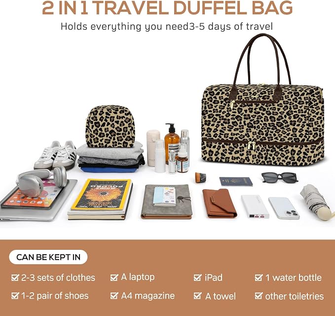 Travel Weekender Bags for Women: Duffle Bag with Shoe Compartment Carry On | 40L Capacity for 5 Day Trip Waterproof Durable Toiletry Bag Wet Pocket for Damp Items Suitable for Weekend Trips Hospital - Image 4
