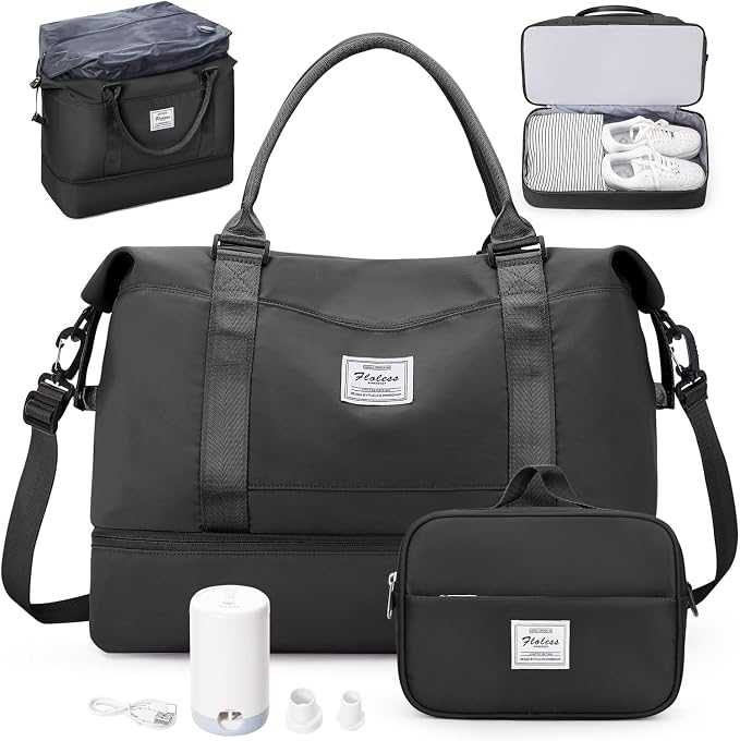 Weekender Bags for Women, Personal Item Travel Bag with Shoes Compartment | Vacuum Overnight Travel Duffel Bag with Air Pump & Compression Pocket by SYCNB