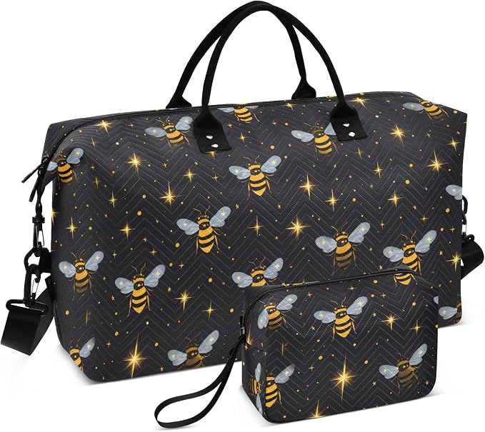 Large Travel Duffel Bag Sports Tote Gym Bag Overnight Weekender Bags Golden Bee Queen Crown Pattern Carry On Luggage with Toiletry Bags by ALAZA