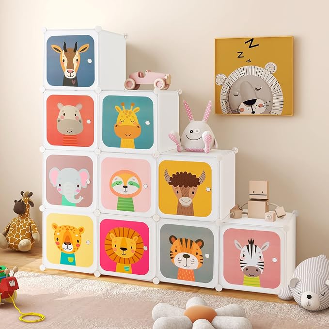 HONEY JOY Kids Wardrobe Closet, Baby Cartoon Clothes Storage Organizer, 12 Cubes & 2 Hanging Sections, Portable Children DIY Modular Bedroom Armoire Dresser Cabinet for Boys Girls (White) - Image 9