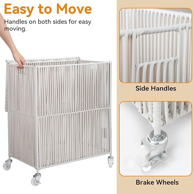 WOWLIVE Rolling Laundry Basket Wheels, Handwoven Laundry Hamper with Lid | Double Clothes Hamper with Divided Removable Bag, 115L Large Laundry Sorter 2 Section, Laundry Room Organization, White - Image 6