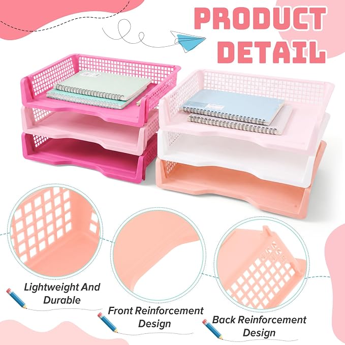 Teenyyou Set of 12 Colorful Turn in Trays Classroom Plastic Stackable Paper Tray Classroom Teachers Desk Organizer Bin for Office Home Teachers Organization and Storage, 9 x 13 x 3 Inches (Pink) - Image 5