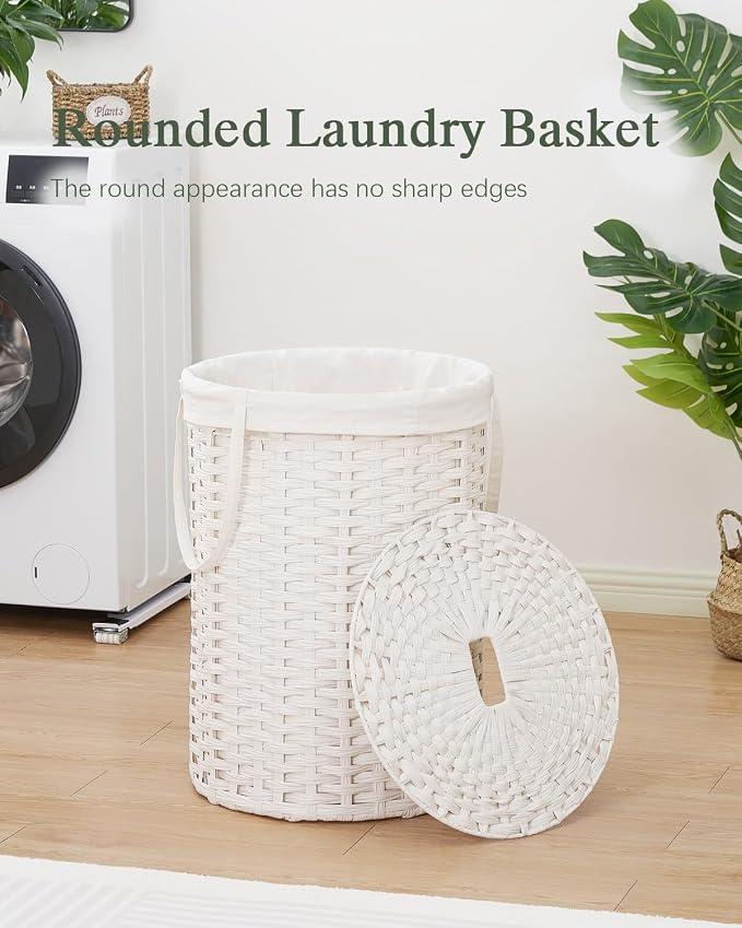 SETVSON Laundry Basket with Lid Round PE Rattan Laundry Hamper, White | 110L Large Woven Basket with Lid, Removable Washable Liner Bag, 2 Mesh Laundry Bags, Foldable Long Side Handles Versatile - Image 2