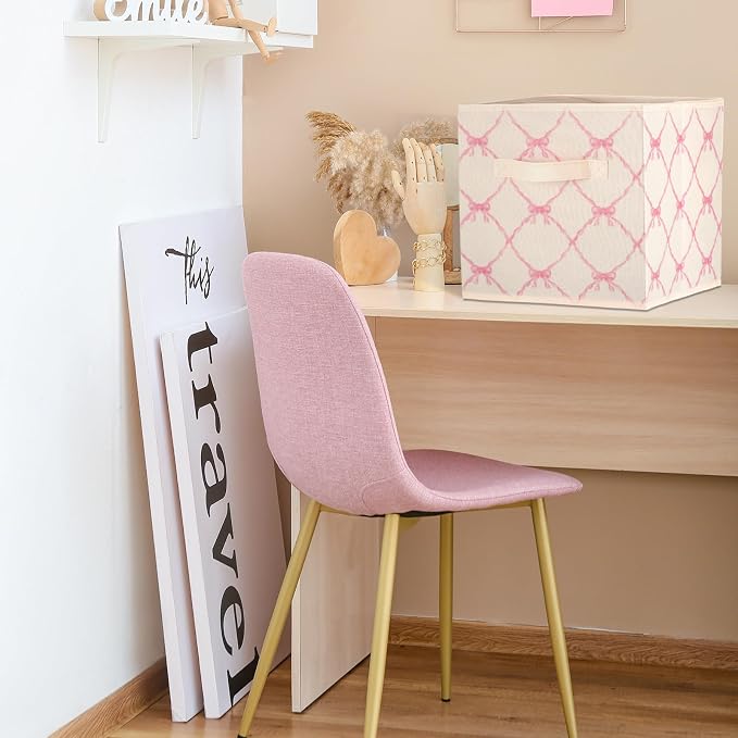 6 Pcs Light Pink Bow Cube Storage Bins 11 Inch Storage Basket | Preppy Girls Organizer Basket with Handle, Collapsible Fabric Box for Classroom Bedrooms Office Home Decoration Gift - Image 4