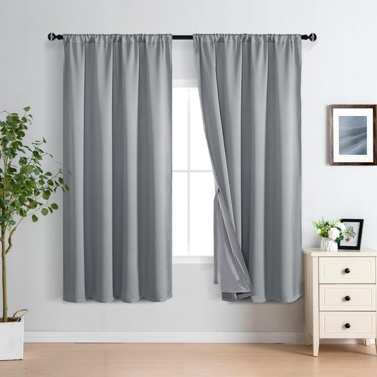 XWZO 100% Blackout Curtains with Tiebacks- Rod Pocket Heat and Full Light Blocking Window Panels for Bedroom/Nursery, 63 Inches Long Thermal Insulated Draperies, Grey, W60 x L63, Set of 2