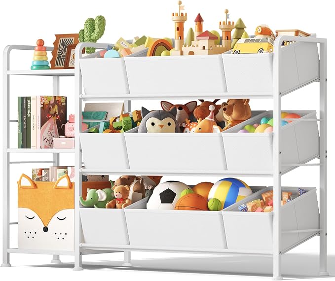 BBLIKE Kids Bookshelf and Toy Storage Organizer with 9 Removable Fabric Bins, Toddler Book Shelf & Stuffed Animal Storage Rack for Playroom, Bedroom, Nursery, White by BBLIKE