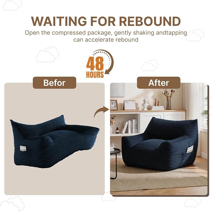 Bean Bag Chair for Adults & Kids, Giant Bean Bag Sofa with Side Pocket, Corduroy Beanbag Chair with Armrests, Comfy Stuffed Floor Sofa for Living Room Bedroom Dorm, Blue - Image 8