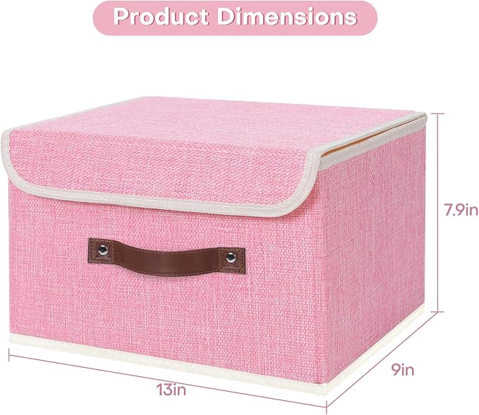 ANMINY Fabric Storage Box Bins with Lids, Pink, 13"x9"x7.9", 4 Pack | Keepsake Memory Storage, Cotton Linen, PP Board Reinforced, Washable, PU Handles, Foldable & Stackable, Decorative, Medium - Image 5