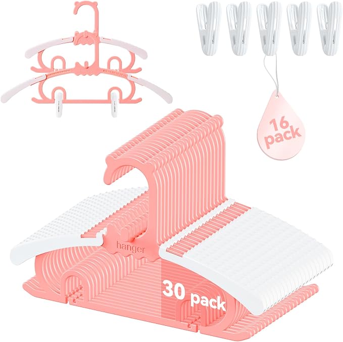 30 Pack Baby Hangers,with 16 Detachable Clips Adjustable 11.14"-15.55", Stackable Kids Closet Hangers, Two Bottom Grooves for Secure Clip Placement.Fits Newborns,Toddlers, Children & Teens(Pink) by VIIBASE