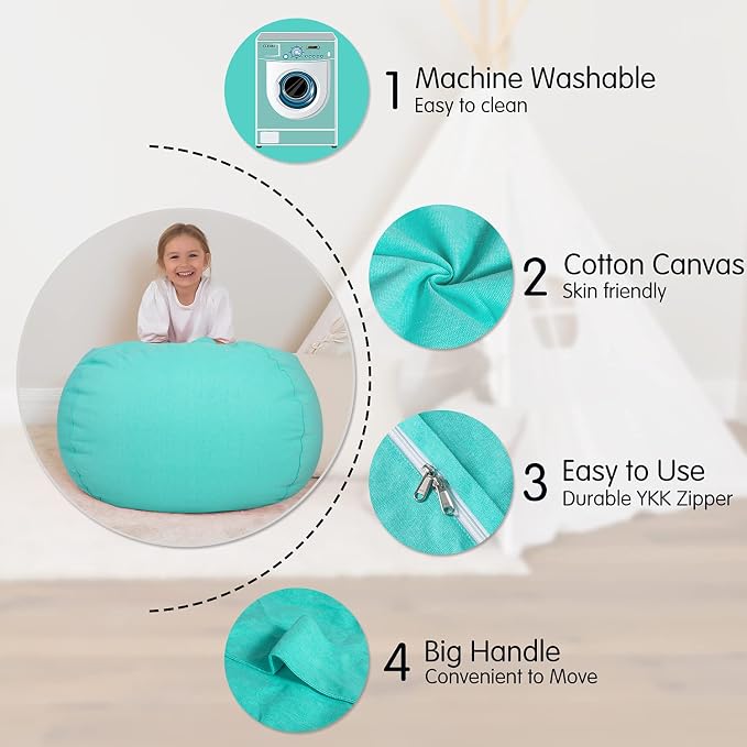 Aubliss Stuffed Animal Bean Bag Storage Chair, Beanbag Covers Only | for Organizing Plush Toys, Turns into Bean Bag Seat for Kids When Filled, Medium 32"-Canvas Solid Aqua - Image 2
