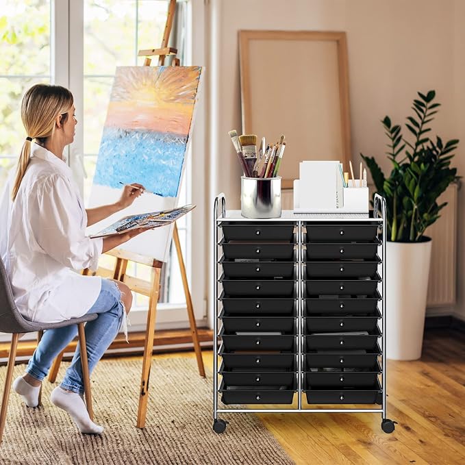 RELAX4LIFE 20 Drawer Rolling Storage Cart, Mobile Rolling Cart w/Drawers for School Classroom Teacher Office Home Salon, Paper File Art Supply Craft Organizer, Utility Cart on Wheels (Black) - Image 9