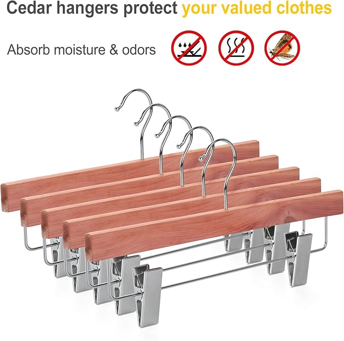 TOPIA HANGER 10 Pack American Red Cedar Natural Wooden Pants Skirt Slacks Bottoms Jeans Hangers with Metal Anti-Wrinkle Adjustable Clips, 360° Stronger Chrome Hooks, CT07P - Image 5