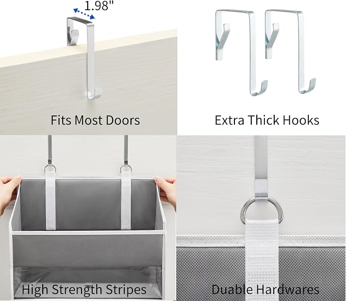 5 Tiers Over The Door Organizer Hanging for Closet (Grey, 2pcs) | EXTRA THICK & 50lbs HUGE CAPACITY, 10 Side Mesh Pockets Over The Door Shoe Organizer,Diaper Organizer, Bedroom, Bathroom - Image 5