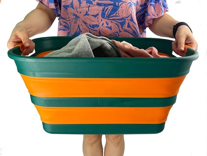 SAMMART Collapsible Plastic Laundry Basket with Handle/Foldable Pop Up Storage Hamper/Portable Laundry Organizer-Space Saving Washing Tub/Household Storage (Teal Green/Autumn leaf, 27L (Set of 2)) - Image 7