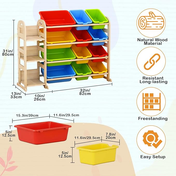 Toy Storage Organizer with Bookshelf, Wooden Toy Organizers with 3 Shelves 12 Storage Bins, Kids Bin Shelf Toys Box Bookcase for Playroom Bedroom Organization, Multi Color - Image 2