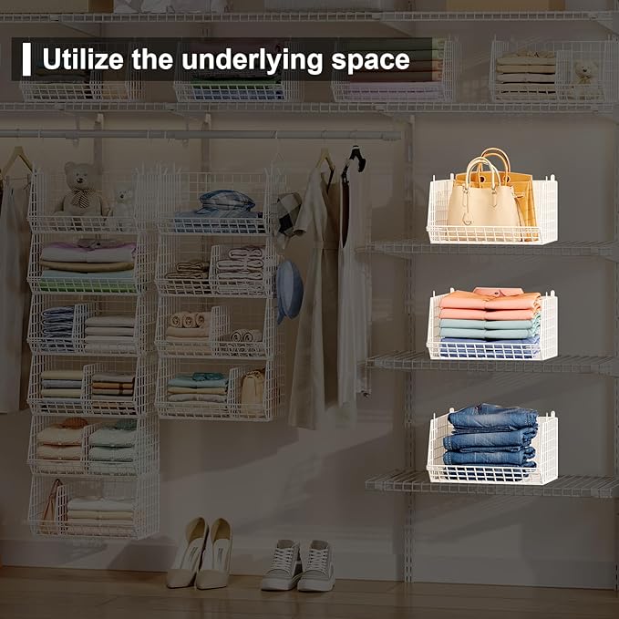 6 Tier Extra Large Hanging Closet Organizer, Closet Storage Hanging with Dividers, Wire Closet Shelf with 5 S Hooks 4 Dividers,Sweater Handbag Hat Accessory Storage Hanger,White - Image 5