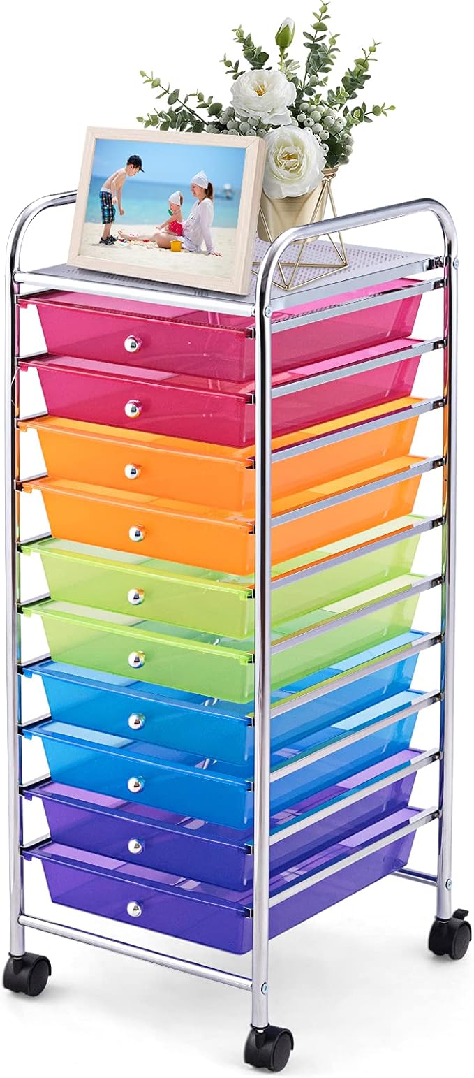GOFLAME 10-Drawer Rolling Storage Drawer Cart, Utility Cart with Removable Drawers & Metal Frame, Mobile Art Craft Drawer Cart with Lockable Wheels for Home, Office, Studio, School, Rainbow by GOFLAME