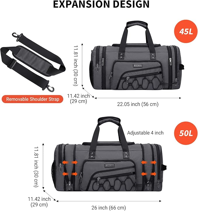 WITZMAN Mens Duffle Bag Expandable 50L Travel Gym with Shoe Compartment | Nylon, Large, With Dry-wet Pocket, Fits 16" Laptop, Carry-on Bag, For Sports Weekender Overnight, B695 Silvery Grey - Image 3