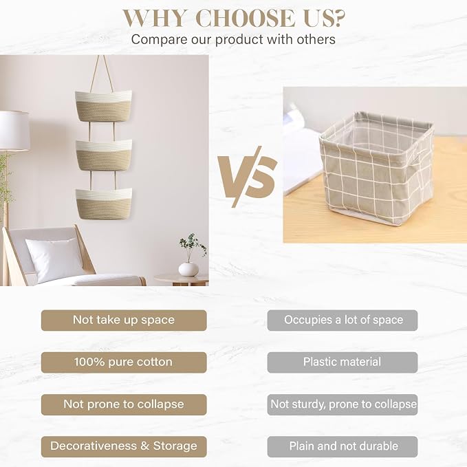 TeoKJ Over the Door Hanging Basket, 3-Tier Woven Cotton Wall-Mounted Storage Organizer Bag Decorative Hanging Nursery Baskets, White & Jute - Image 9