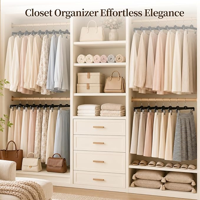 14" Black Pants Hangers with Clips 50 Pack, Plastic Skirts Hangers | Slim Space Saving, Adjustable Clips Hangers with 360° Swivel Hook & Non-Slip Pad for Adults and Kids, Pants, Shirt, Jeans - Image 6