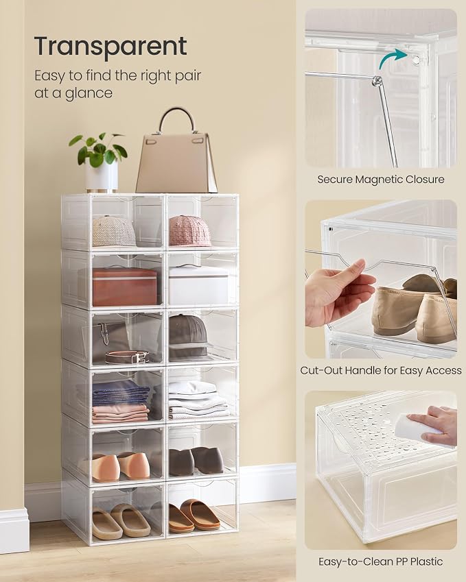 SONGMICS Shoe Boxes, Set of 12, Clear Plastic Sneaker Box, Up to US Size 11 | Stackable Shoe Storage Organizers, Drop Front Door, 13 x 9.8 x 7.1 Inches, Transparent White, DENNYS Collection ULSP032W12 - Image 5