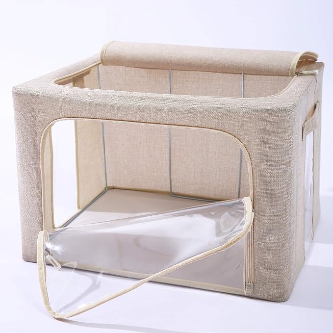 CYhom 3Pack Foldable Storage Bins - Frame Storage Box Linen Fabric Stackable Clothes Container Organizer with Clear Window & Carry Handles Large Capacity (Large-66L, Beige) - Image 6