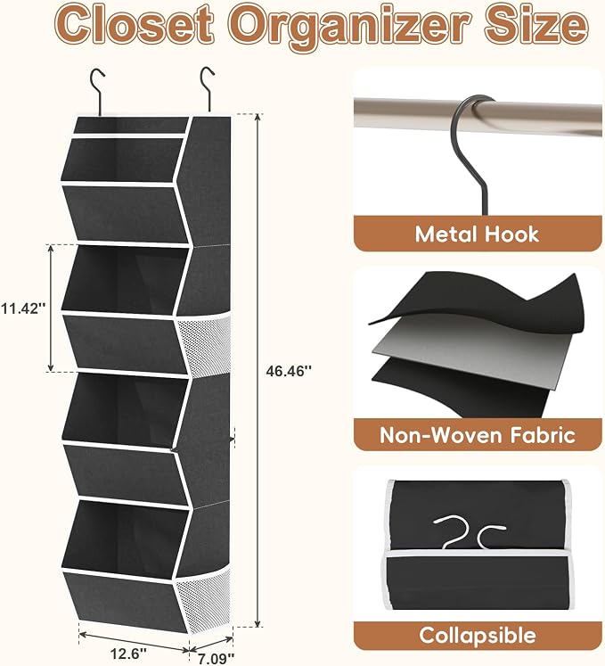 Hanging Closet Organizer Bins for Closet Organization Storage 4 Shelf Black - Image 3
