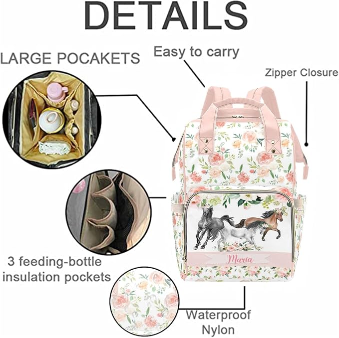 Personalized Cute Diaper Bag Backpack with Name Customized Floral Horse Mommy Bags for Moms with Muti Pockets Custom Portable Nappy Bag Travel Backpack with Large Capacity for Women - Image 5