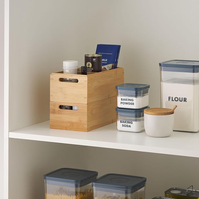 Set of 2 Stackable Bamboo Wood Boxes with Handles, Storage Bins for Shelving, Countertop, Kitchen, Pantry, Office & Desk, Crafts, Snack & Tea Bag Organization, 12"x6" - Image 2