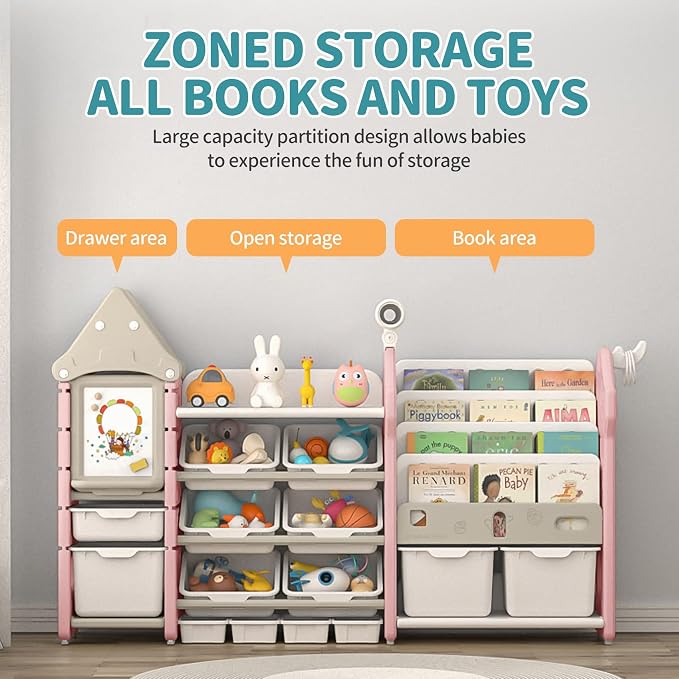 Kids Toy Storage Organizer with Bookshelf, 14-Bin Playroom Organizer and Bookcase, HDPE Toddler Storage Shelf with Drawing Board, for Nursery, Bedroom and Playroom - Image 4