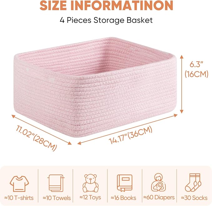 OIAHOMY 4 Pack 14.17 * 11.02 * 6.3IN Storage Baskets for Organizing Shelves, Woven Rope Baskets for Organizing Books, Clothes, Decorative Basket for Living Room, Nursery, Bedroom, Gift Basket, Pink - Image 2
