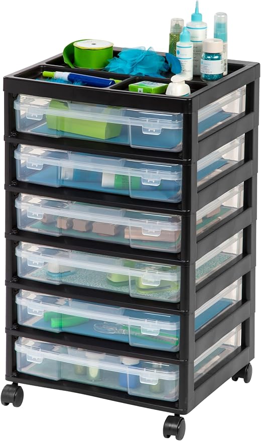 IRIS USA Rolling Cart with Drawers |Made in USA| 6-Tier Cases - Black/Clear | Fits 12"x12" Paper, Built-In Handles, Storage Unit with Supply Top for Craft, Art, Office Supplies, Pens & Pencils by IRISUSA
